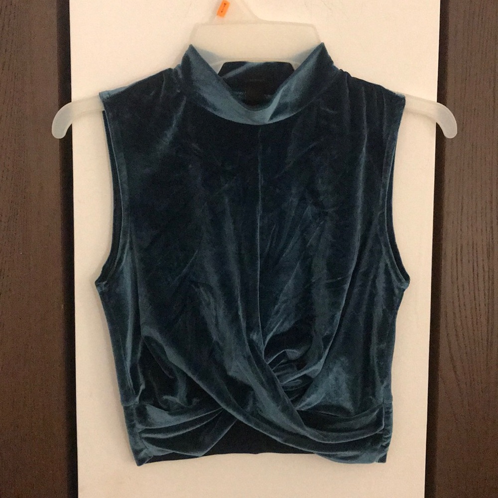Velvet mock neck wrapped teal crop top